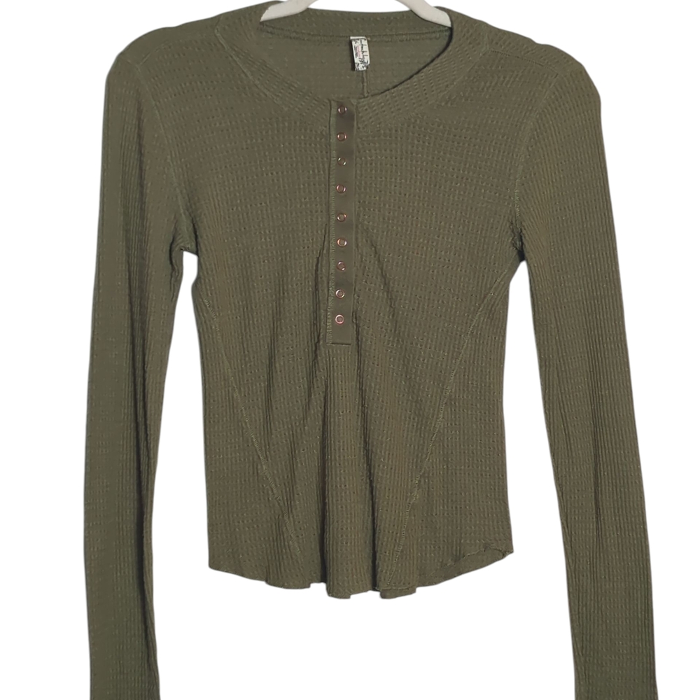 FP Movement Small Olive Waffle Knit Long Sleeve Top Half Snap Closure Gorpcore